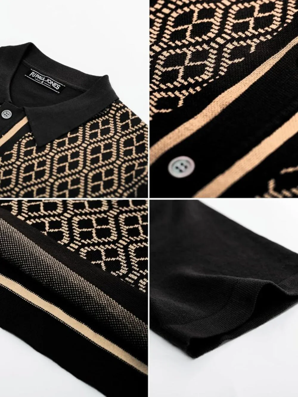 Men's Black Short Sleeve 70s Vintage Polo Contrast Knit Retro Top Casual Shirt - Picture 5 of 6